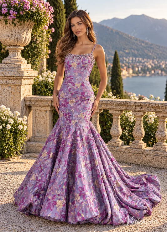 Floral Jacquard Mermaid Prom Dresses with Rhinestone Neckline & Bubble Hem Train JC045