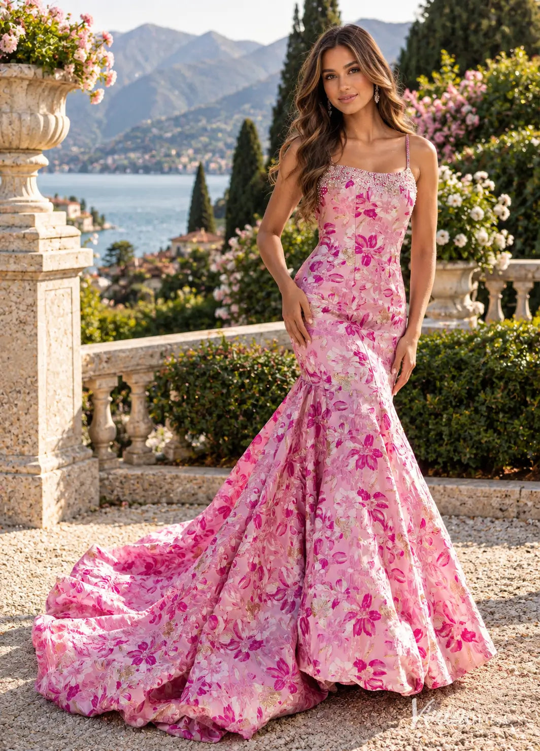 Floral Jacquard Mermaid Prom Dresses with Rhinestone Neckline & Bubble Hem Train JC045