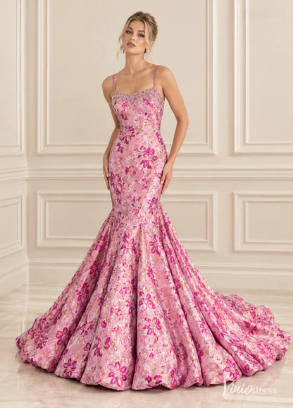 Floral Jacquard Mermaid Prom Dresses with Rhinestone Neckline & Bubble Hem Train JC045