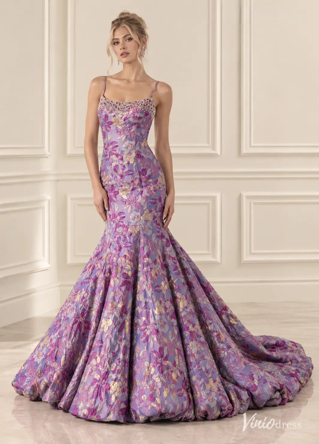 Floral Jacquard Mermaid Prom Dresses with Rhinestone Neckline & Bubble Hem Train JC045