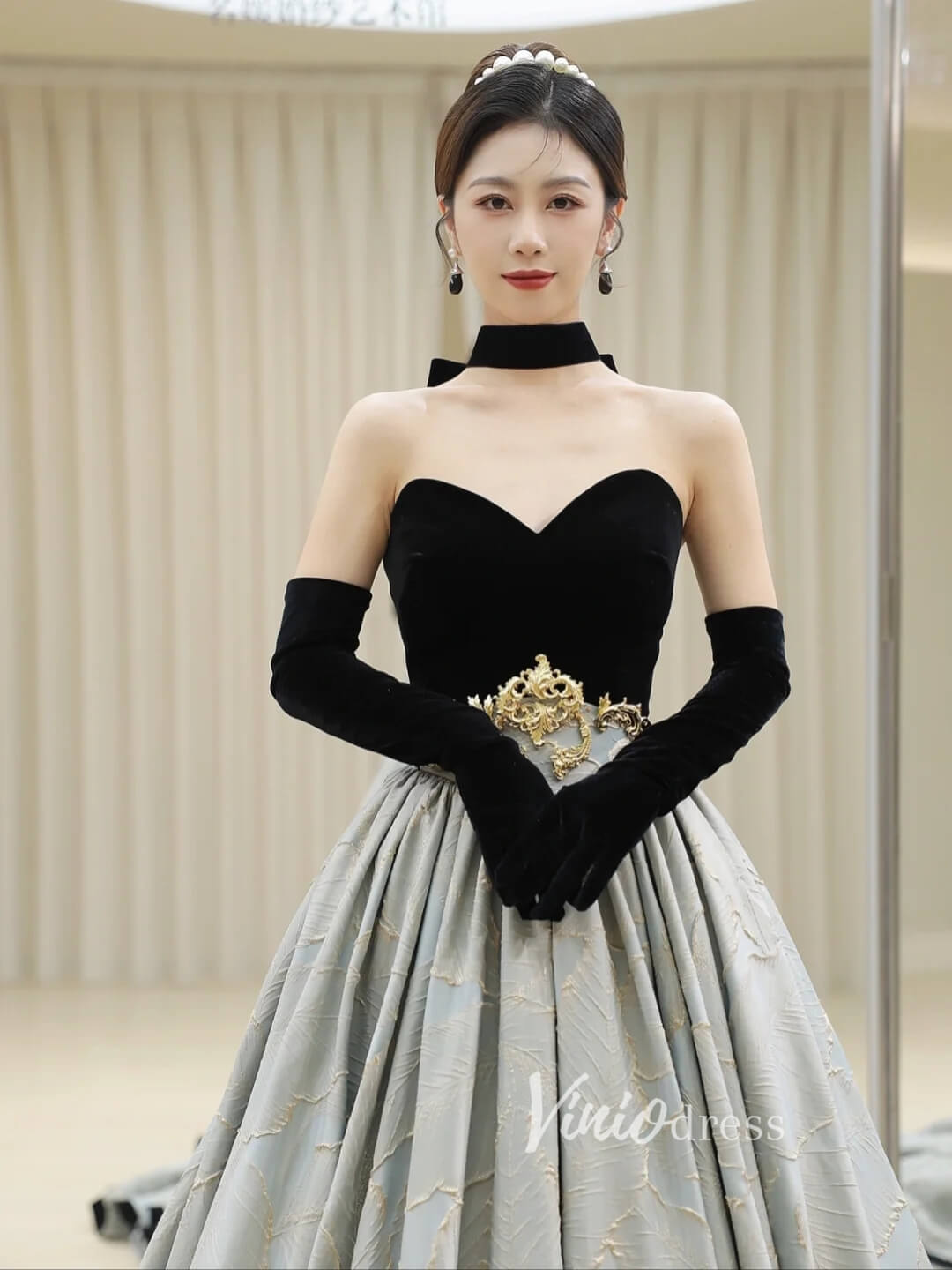 Jacquard Satin Prom Dresses Strapless Velvet Formal Gown FD2784B-prom dresses 2025 -Viniodress-Black-Custom Size-