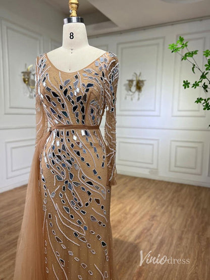 Khaki Beaded Long Sleeve Evening Dresses Mermaid Formal Dress AD1142-Evening Dresses 2025 -Viniodress-Khaki-US 2-