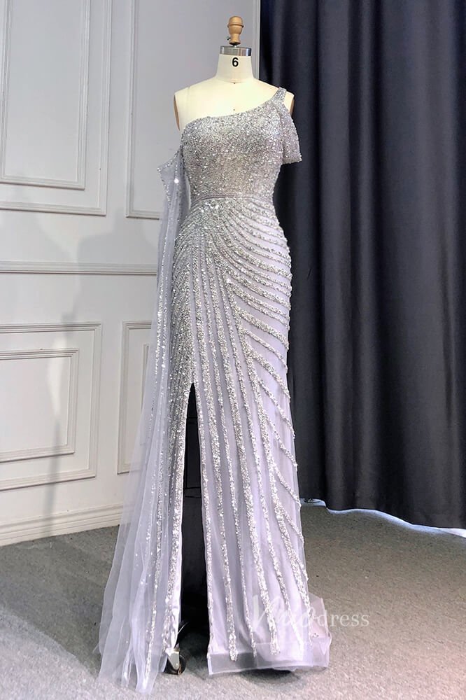 Khaki Beaded Mermaid Pageant Dresses One Shoulder Prom Dress FD3025-Evening Dresses 2025 -Viniodress-Silver-US 2-