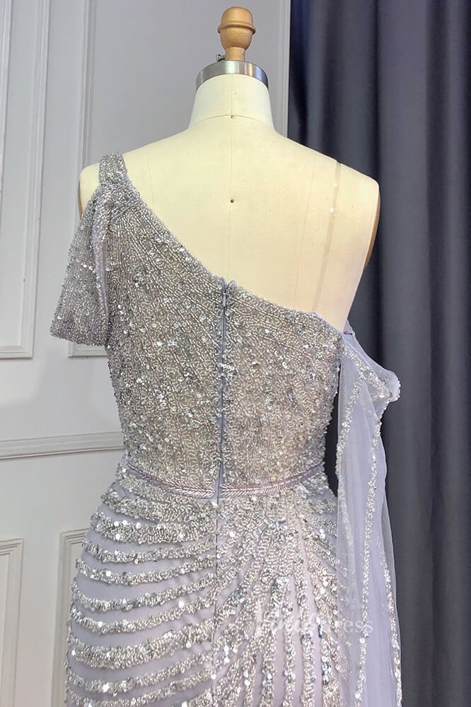 Khaki Beaded Mermaid Pageant Dresses One Shoulder Prom Dress FD3025-Evening Dresses 2025 -Viniodress-Khaki-US 2-