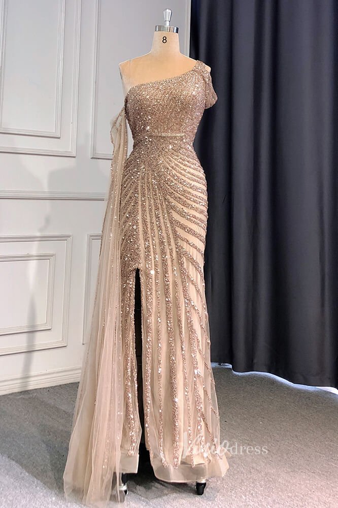 Khaki Beaded Mermaid Pageant Dresses One Shoulder Prom Dress FD3025-Evening Dresses 2025 -Viniodress-Khaki-US 2-