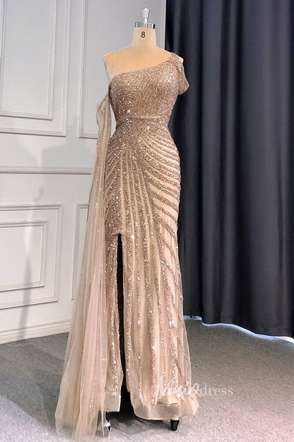 Khaki Beaded Mermaid Pageant Dresses One Shoulder Prom Dress FD3025-Evening Dresses 2025 -Viniodress-Khaki-US 2-