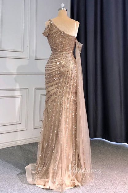 Khaki Beaded Mermaid Pageant Dresses One Shoulder Prom Dress FD3025-Evening Dresses 2025 -Viniodress-Khaki-US 2-