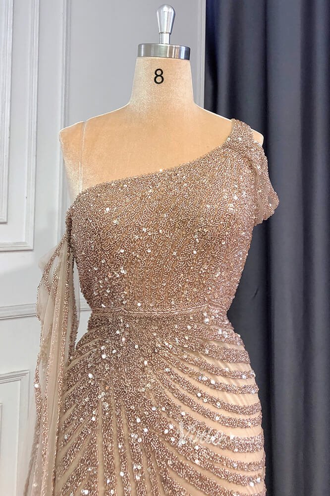 Khaki Beaded Mermaid Pageant Dresses One Shoulder Prom Dress FD3025-Evening Dresses 2025 -Viniodress-Khaki-US 2-
