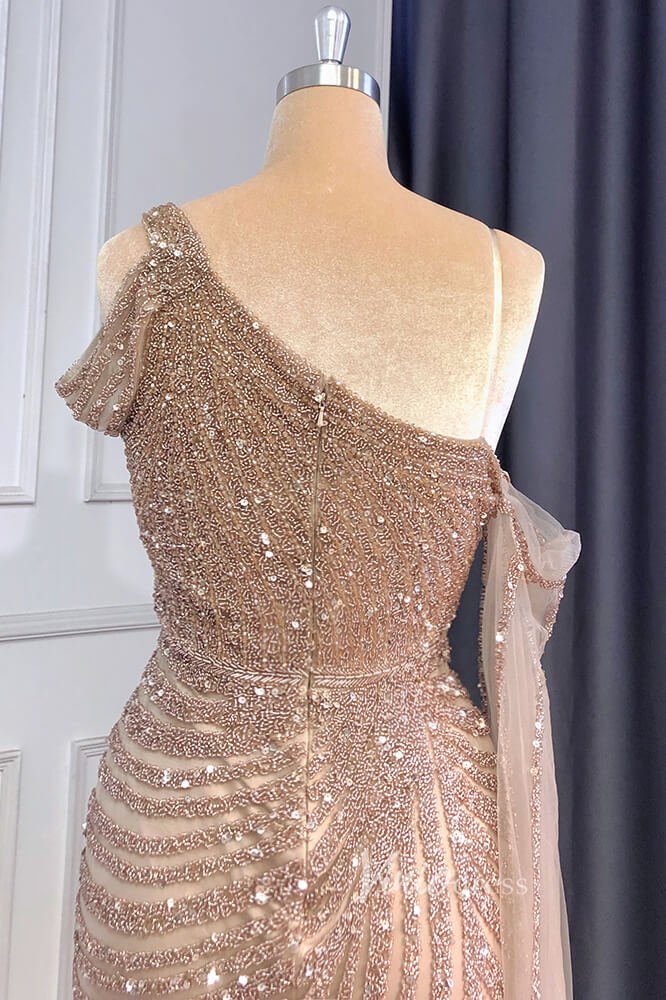 Khaki Beaded Mermaid Pageant Dresses One Shoulder Prom Dress FD3025-Evening Dresses 2025 -Viniodress-Khaki-US 2-