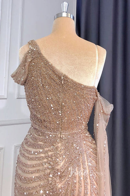 Khaki Beaded Mermaid Pageant Dresses One Shoulder Prom Dress FD3025-Evening Dresses 2025 -Viniodress-Khaki-US 2-