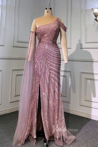 Khaki Beaded Mermaid Pageant Dresses One Shoulder Prom Dress FD3025-Evening Dresses 2025 -Viniodress-Pink-US 2-