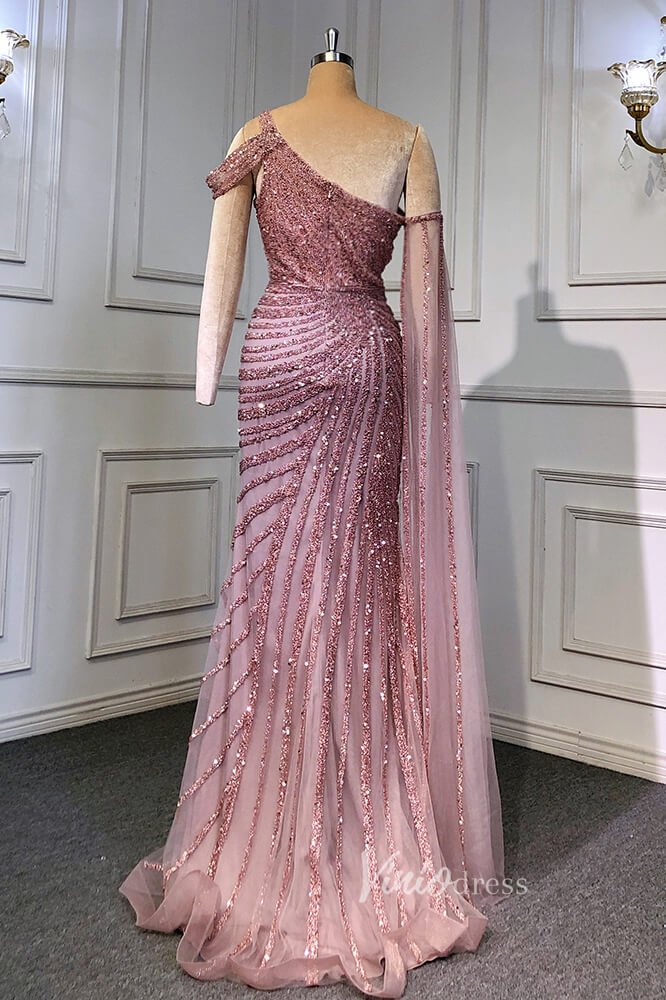 Khaki Beaded Mermaid Pageant Dresses One Shoulder Prom Dress FD3025-Evening Dresses 2025 -Viniodress-Khaki-US 2-
