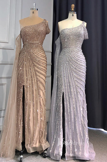 Khaki Beaded Mermaid Pageant Dresses One Shoulder Prom Dress FD3025-Evening Dresses 2025 -Viniodress-Khaki-US 2-