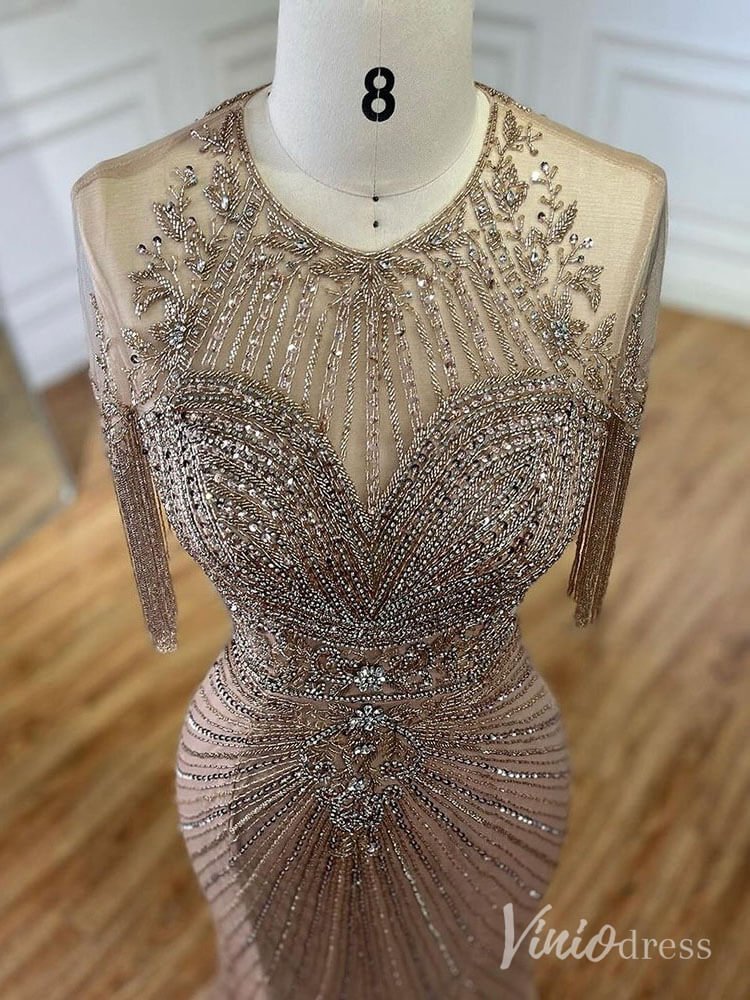 Khaki Beaded Mermaid Prom Dresses Short Sleeve Beaded String Pageant Dress AD1247-Evening Dresses 2025 -Viniodress-Khaki-US 2-