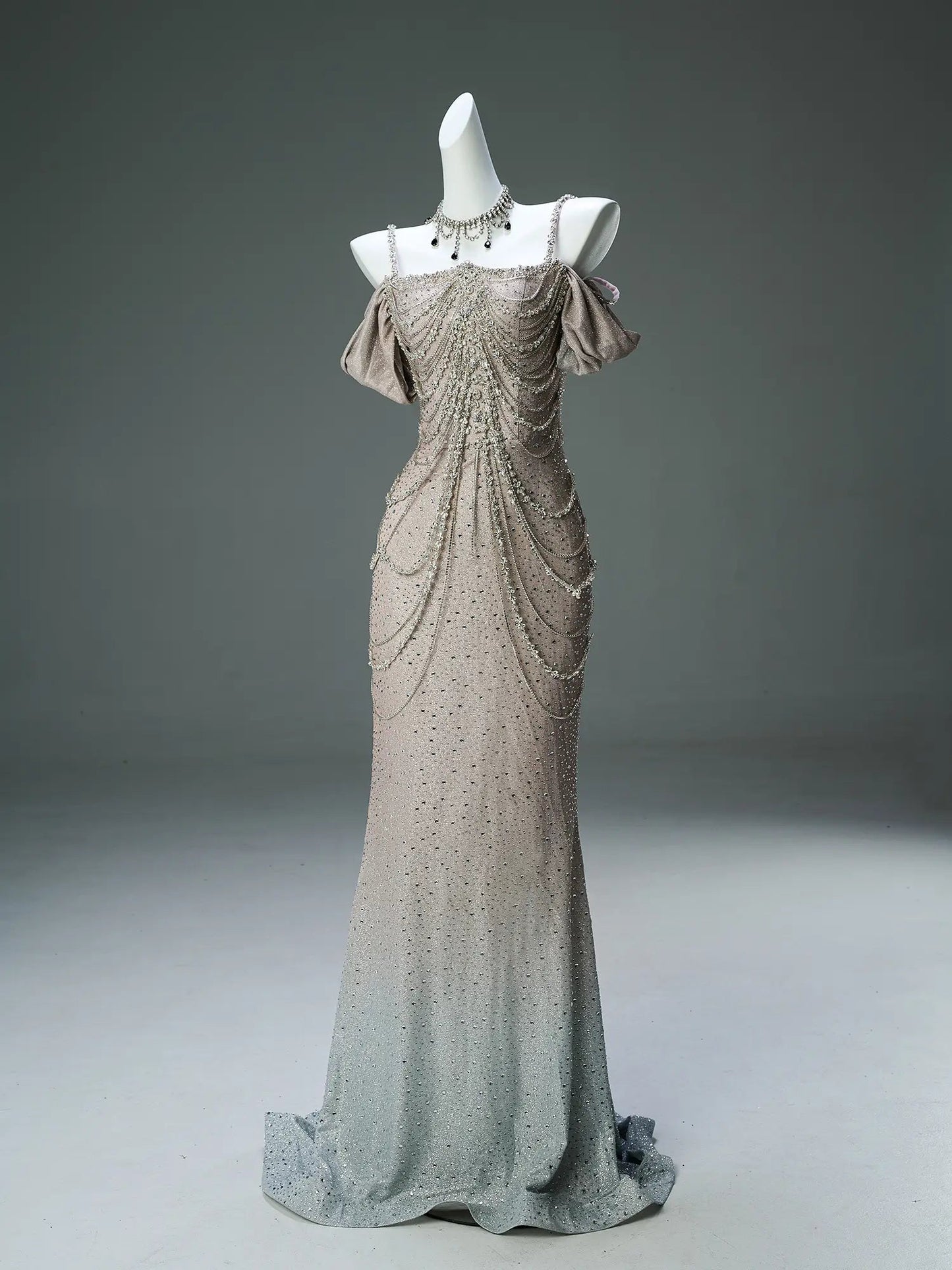 Khaki Ombre Satin Evening Gown with Rhinestone String & Spaghetti Straps - CQ0129-Couture Gown 2025 -Viniodress-Khaki-Custom Size-