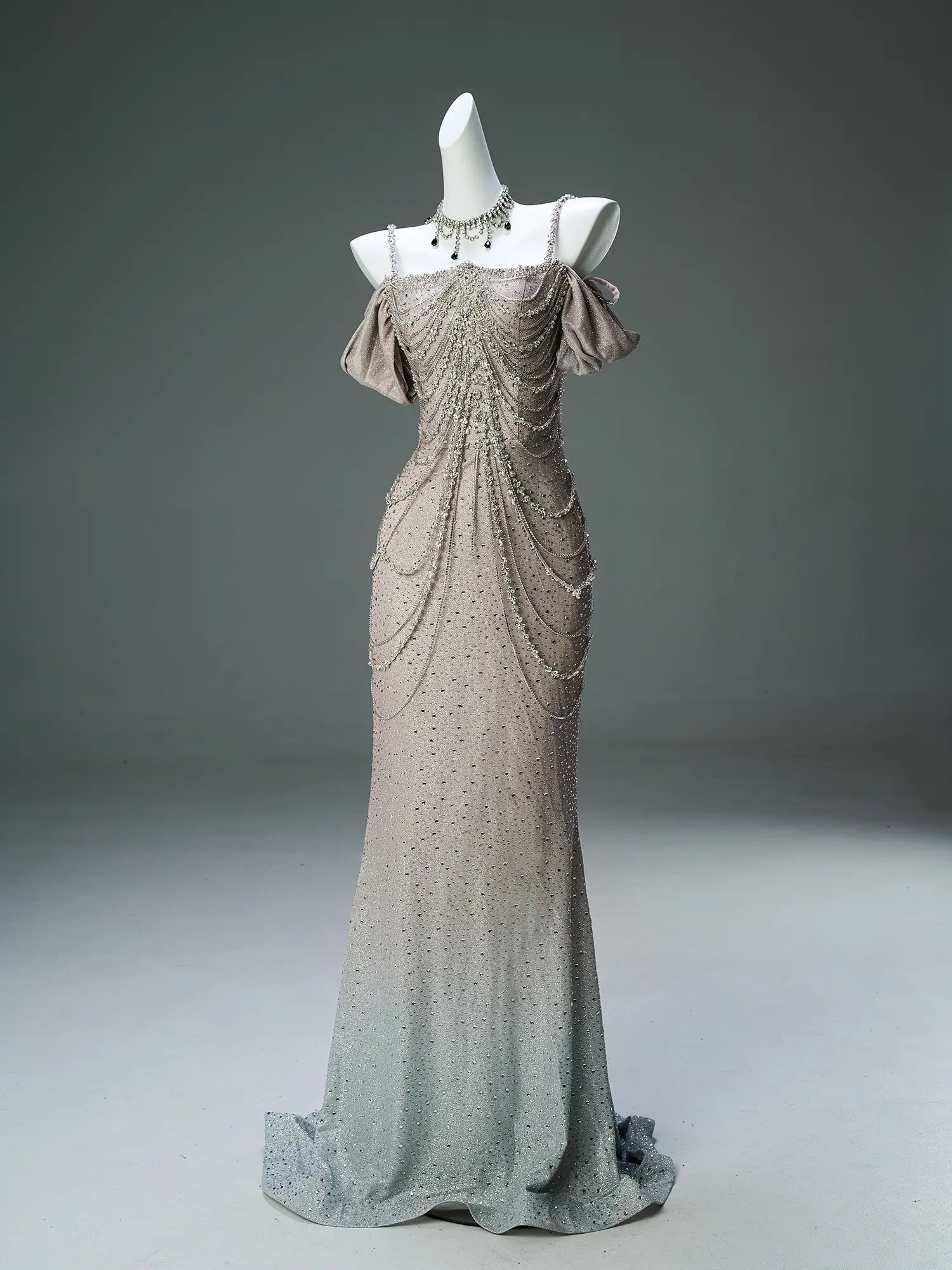 Khaki Ombre Satin Evening Gown with Rhinestone String & Spaghetti Straps - CQ0129-Couture Gown 2025 -Viniodress-Khaki-Custom Size-