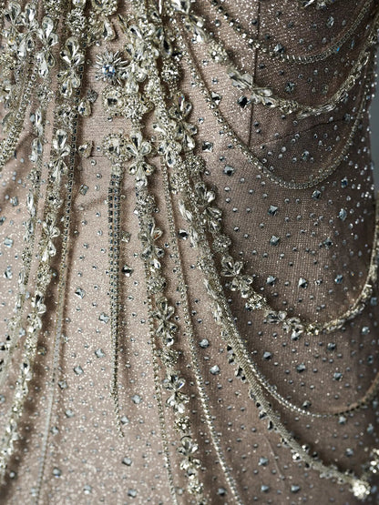 Khaki Ombre Satin Evening Gown with Rhinestone String & Spaghetti Straps - CQ0129-Couture Gown 2025 -Viniodress-Khaki-Custom Size-