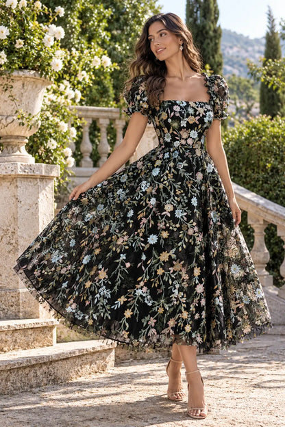 Floral Embroidered Tea-Length Wedding Dress with Puff Sleeves - LA186