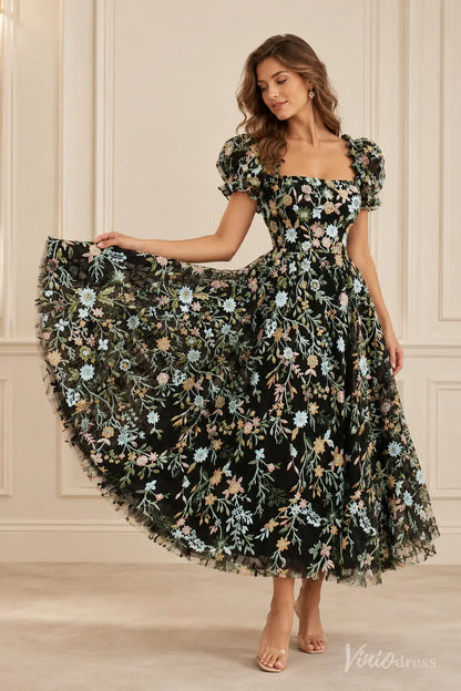 Floral Embroidered Tea-Length Wedding Dress with Puff Sleeves - LA186
