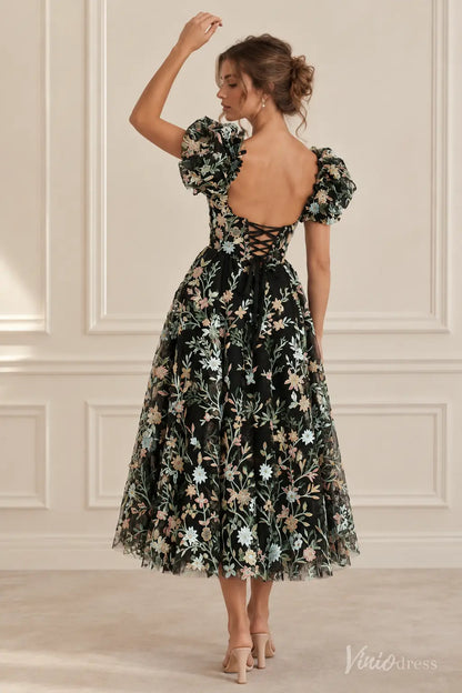 Floral Embroidered Tea-Length Wedding Dress with Puff Sleeves - LA186