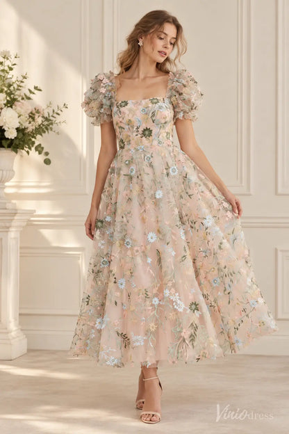 Floral Embroidered Tea-Length Wedding Dress with Puff Sleeves - LA186