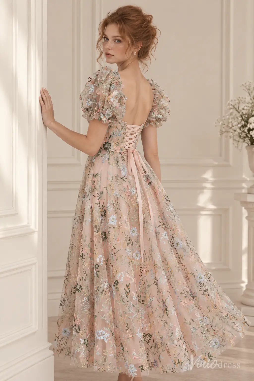 Floral Embroidered Tea-Length Wedding Dress with Puff Sleeves - LA186