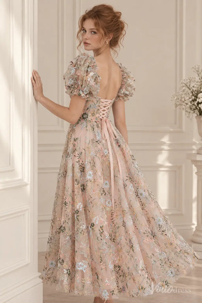 Floral Embroidered Tea-Length Wedding Dress with Puff Sleeves - LA186