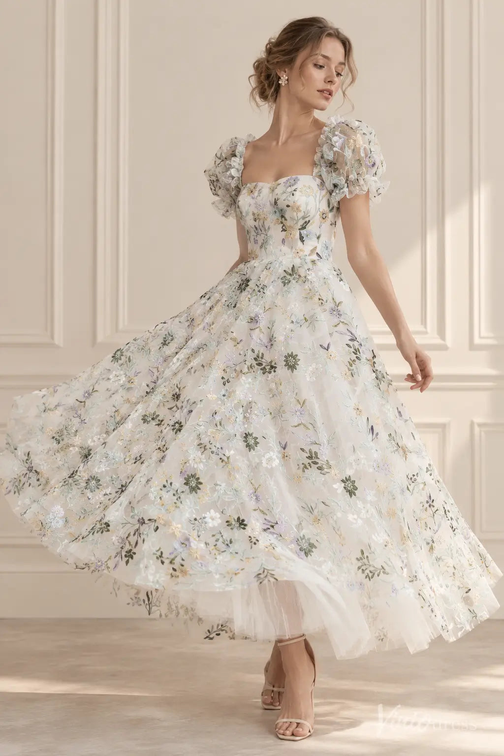 Floral Embroidered Tea-Length Wedding Dress with Puff Sleeves - LA186