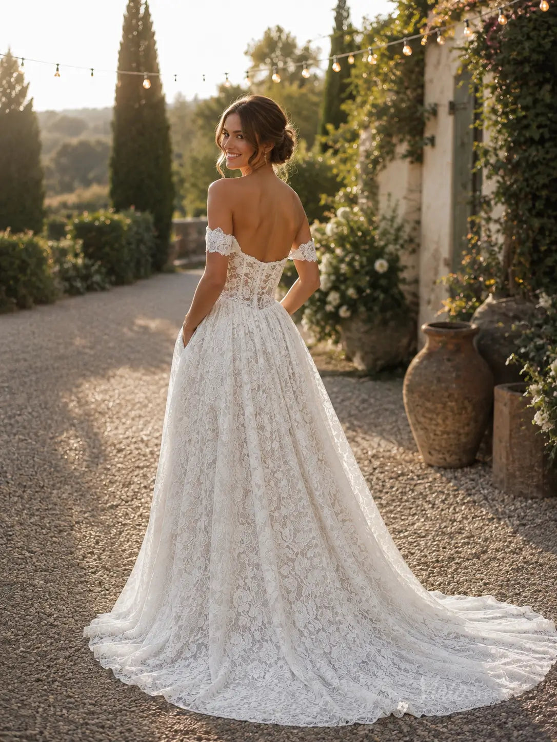 LC124 off-the-shoulder lace wedding dress with a corset bodice, full A-line skirt, and pockets in a garden setting.