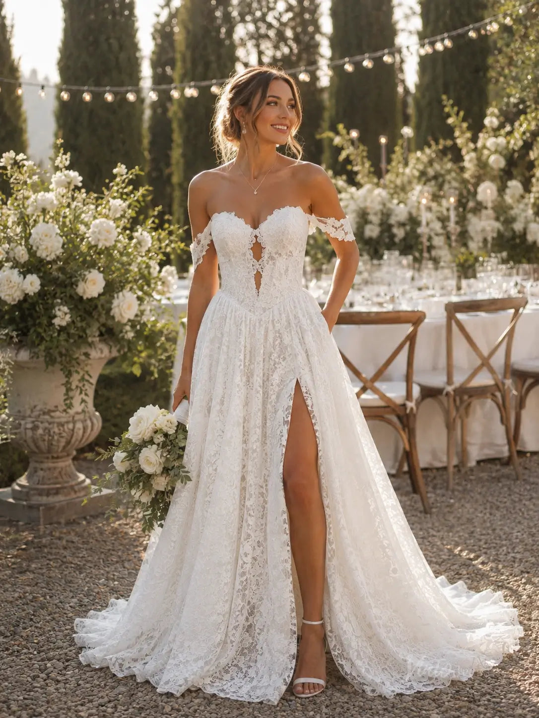 White lace A-line wedding dress with off-the-shoulder sleeves, a sweetheart neckline, and a high leg slit.
