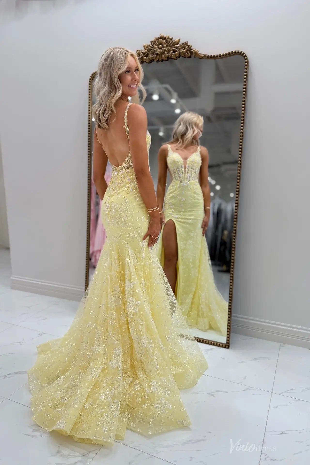 Vestidos de fiesta de sirena con encaje lavanda 2025, tirantes finos y espalda con cordones – FD5082