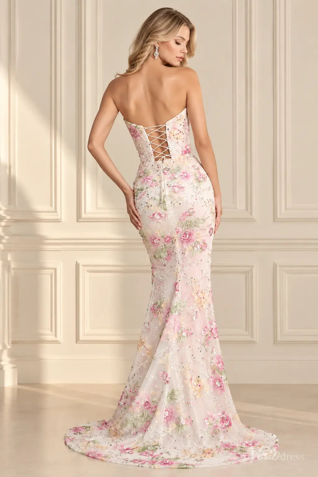 Floral Sequin Mermaid Prom Dresses with Corset Bodice, High Slit & Lace-Up Back LP061