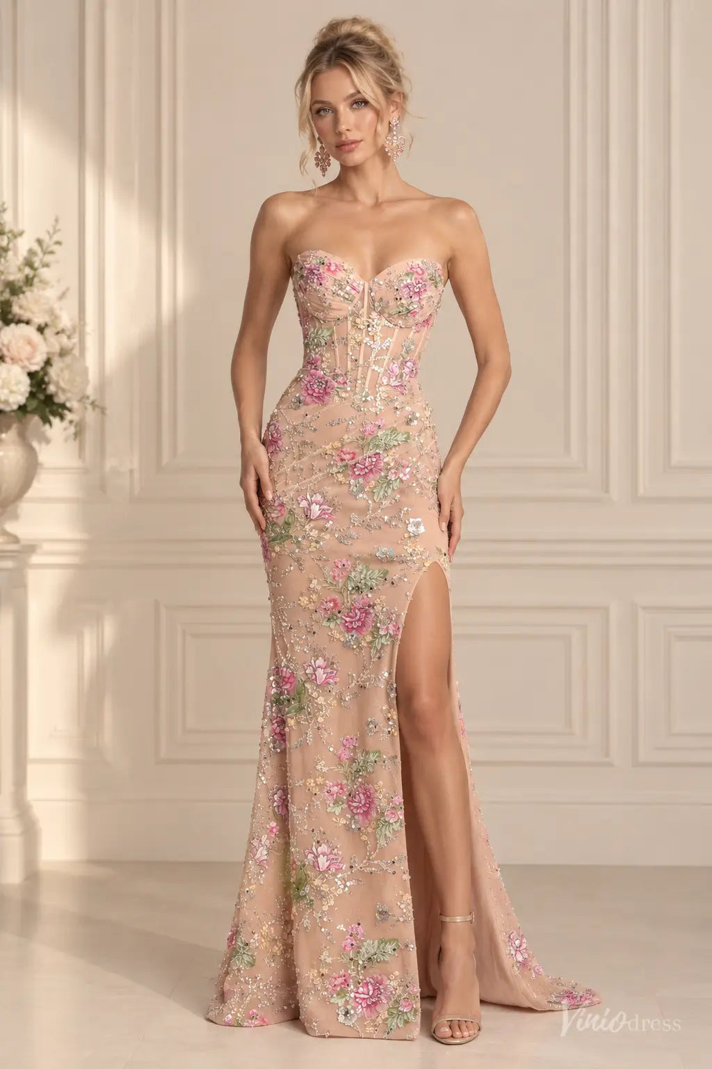 Floral Sequin Mermaid Prom Dresses with Corset Bodice, High Slit & Lace-Up Back LP061