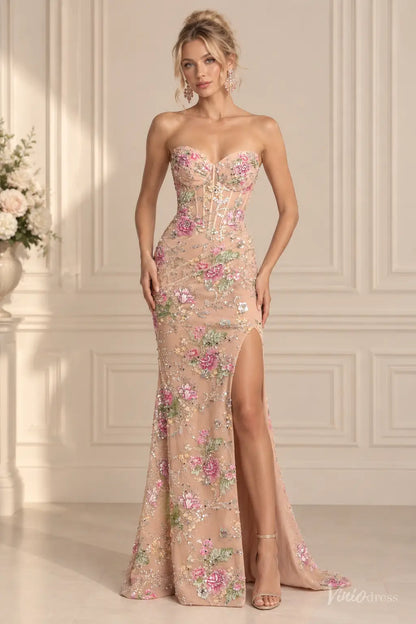 Floral Sequin Mermaid Prom Dresses with Corset Bodice, High Slit & Lace-Up Back LP061