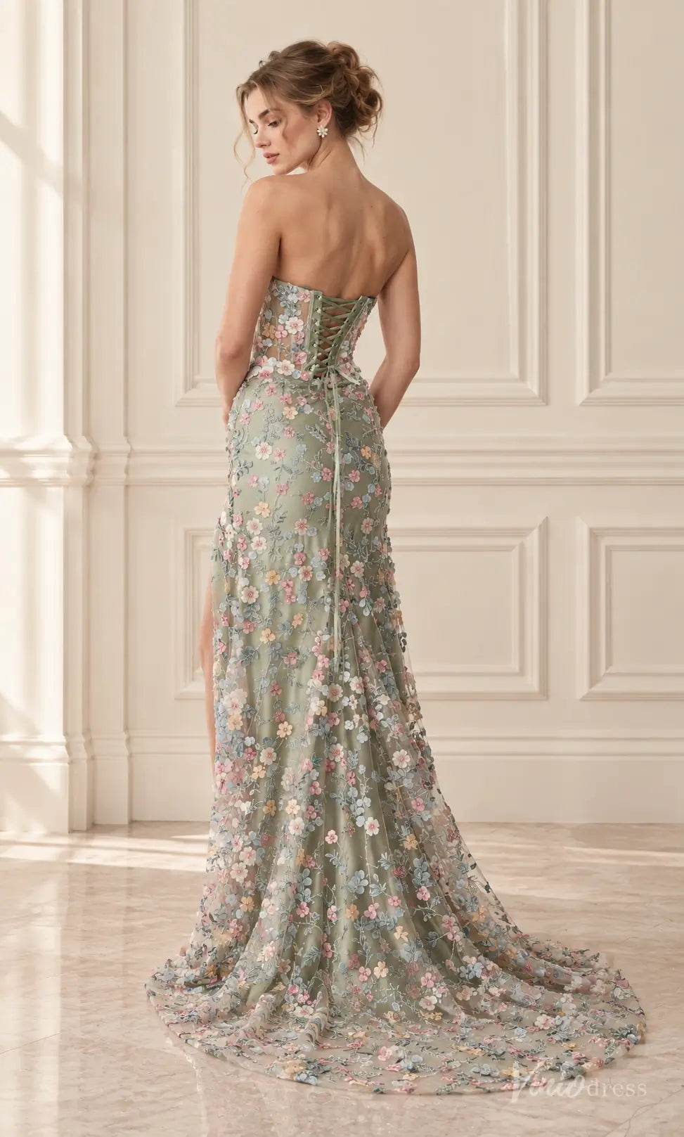 Sage Green Floral Corset Prom Dress with a High Slit - LP062