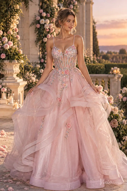 Floral Corset Prom Dresses Layered Sparkly Tulle Ball Gown with Ruffles LY029