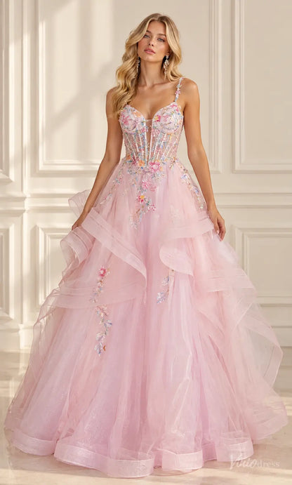 Floral Corset Prom Dresses Layered Sparkly Tulle Ball Gown with Ruffles LY029