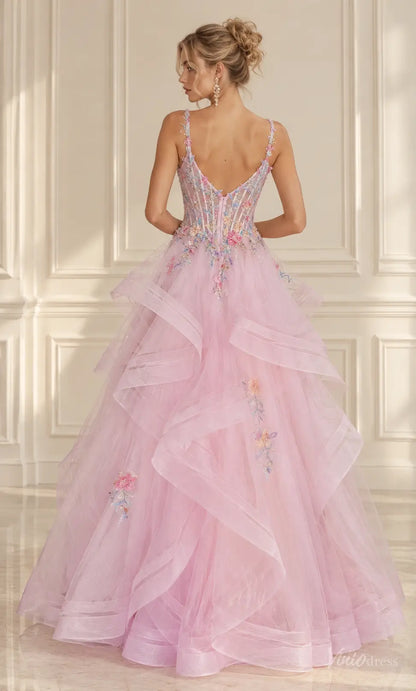 Floral Corset Prom Dresses Layered Sparkly Tulle Ball Gown with Ruffles LY029