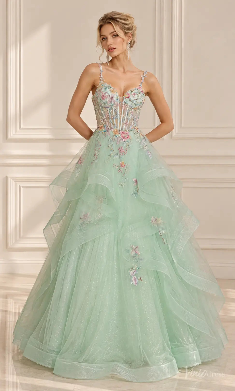 Floral Corset Prom Dresses Layered Sparkly Tulle Ball Gown with Ruffles LY029