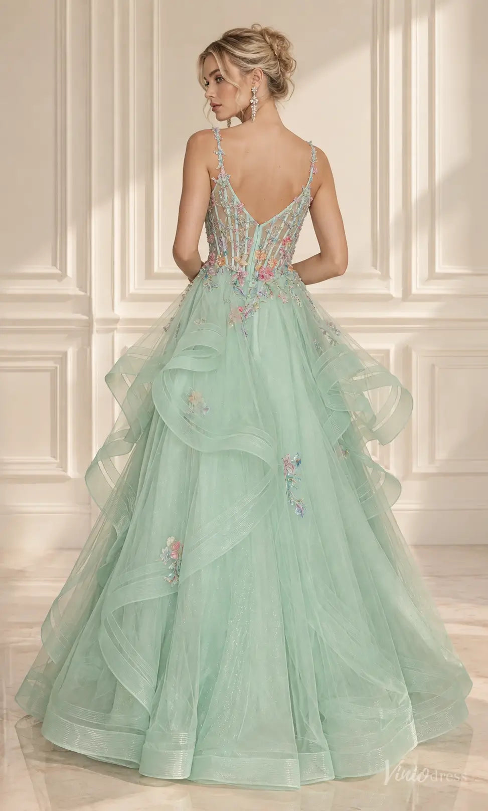 Floral Corset Prom Dresses Layered Sparkly Tulle Ball Gown with Ruffles LY029