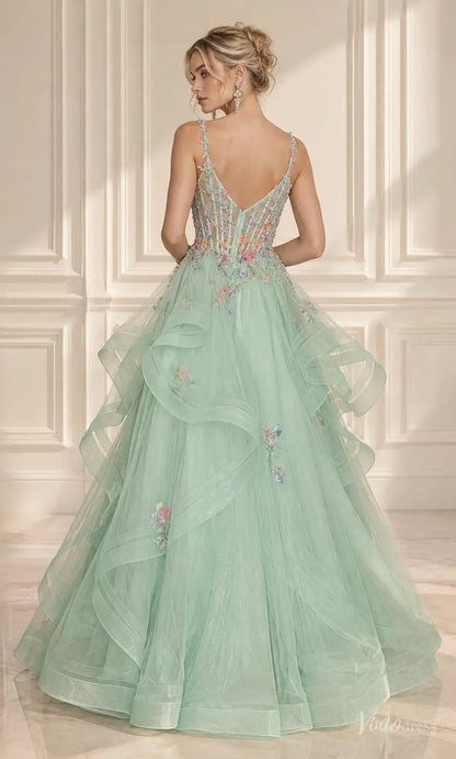 Floral Corset Prom Dresses Layered Sparkly Tulle Ball Gown with Ruffles LY029
