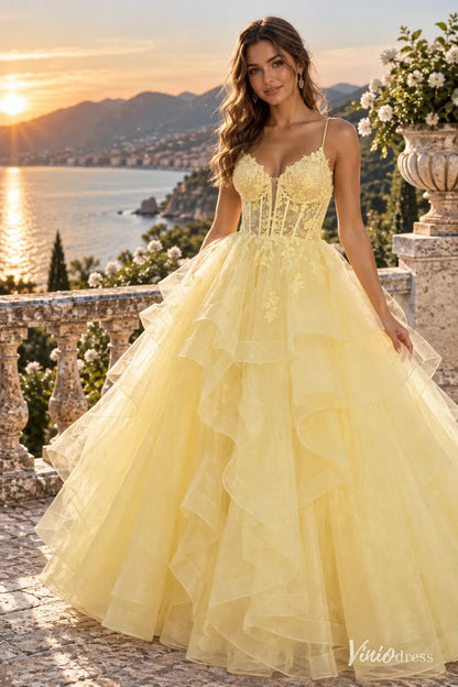 Sparkly Ruffled Ball Gown Prom Dresses with Lace Appliqué Corset Bodice & Spaghetti Straps LY030