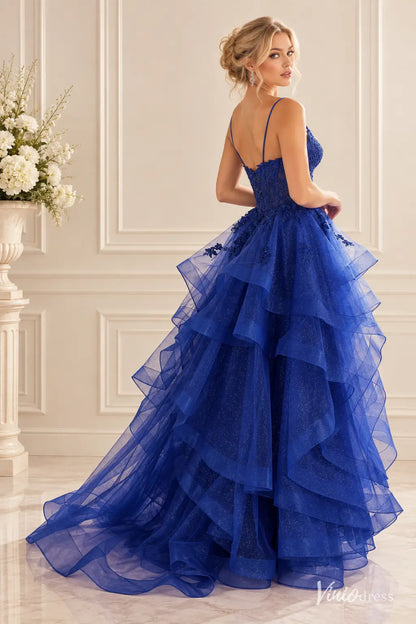 Sparkly Ruffled Ball Gown Prom Dresses with Lace Appliqué Corset Bodice & Spaghetti Straps LY030