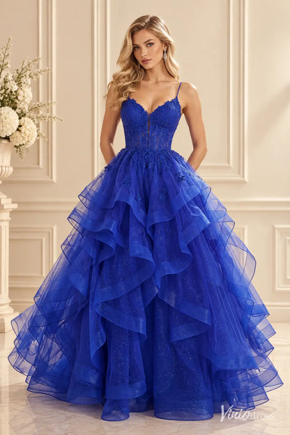 Sparkly Ruffled Ball Gown Prom Dresses with Lace Appliqué Corset Bodice & Spaghetti Straps LY030