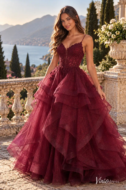 Sparkly Ruffled Ball Gown Prom Dresses with Lace Appliqué Corset Bodice & Spaghetti Straps LY030