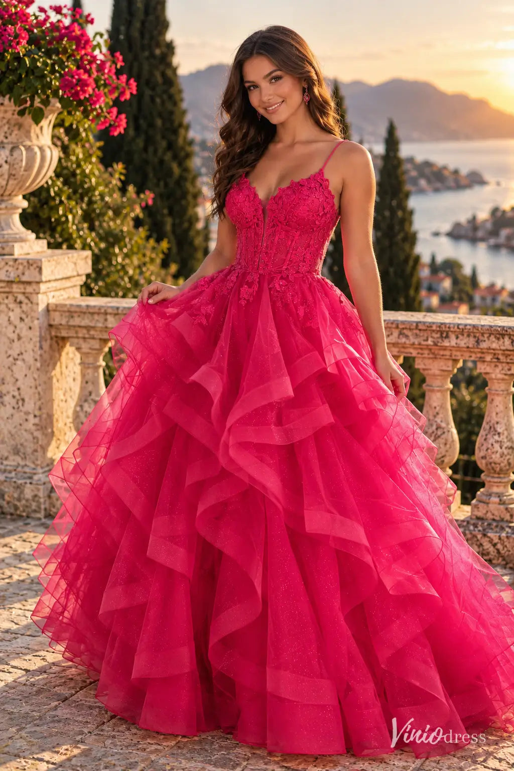 Sparkly Ruffled Ball Gown Prom Dresses with Lace Appliqué Corset Bodice & Spaghetti Straps LY030