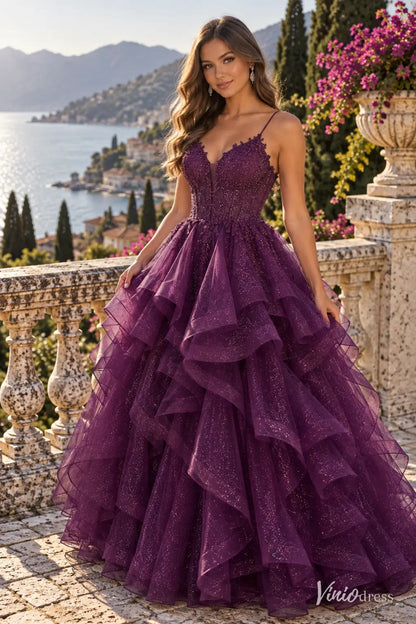 Sparkly Ruffled Ball Gown Prom Dresses with Lace Appliqué Corset Bodice & Spaghetti Straps LY030