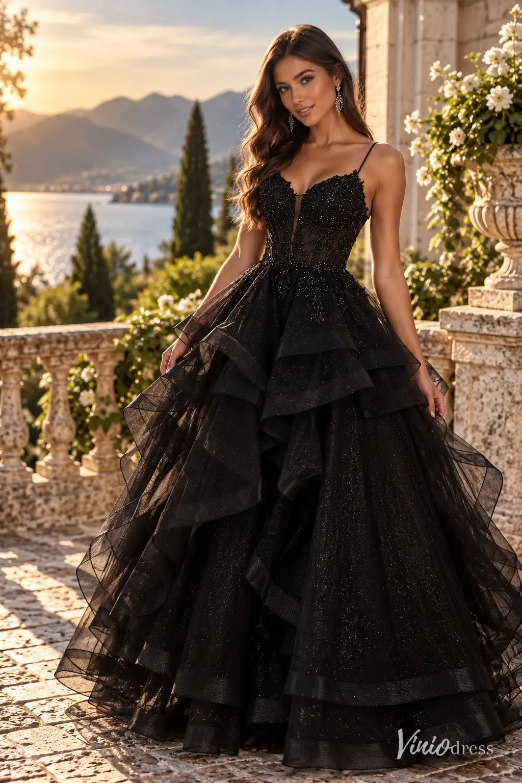 Sparkly Ruffled Ball Gown Prom Dresses with Lace Appliqué Corset Bodice & Spaghetti Straps LY030