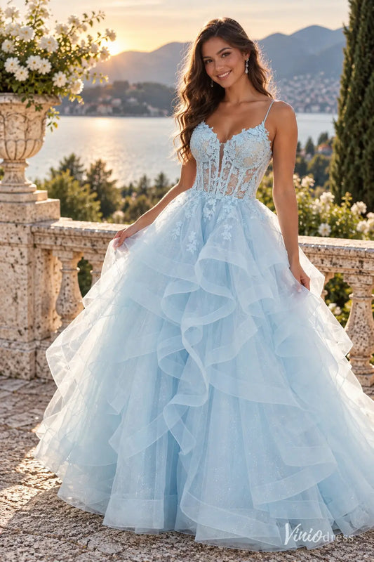 Sparkly Ruffled Ball Gown Prom Dresses with Lace Appliqué Corset Bodice & Spaghetti Straps LY030