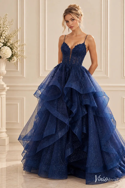 Sparkly Ruffled Ball Gown Prom Dresses with Lace Appliqué Corset Bodice & Spaghetti Straps LY030